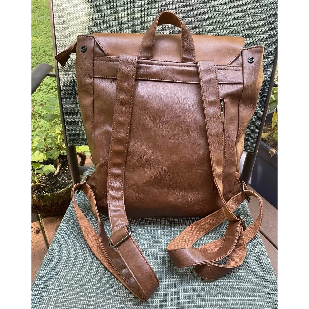 LXY Vegan Leather Backpack Brown Flap Buckle Laptop Pocket Travel Bag